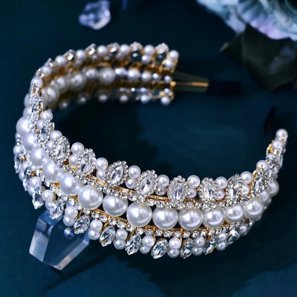 Vintage Faux Pearl Sparkling Rhinestone Wide Brimmed HeadBand - Picture 2 of 6